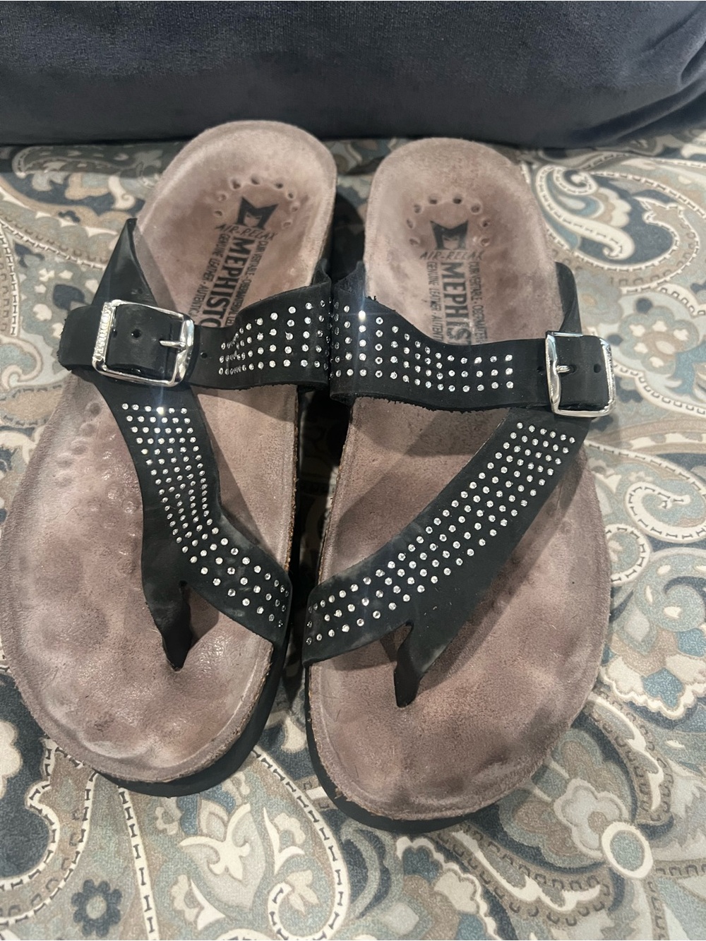 Mephisto Helena Park Black Studded T-Strap Buckle Sandals